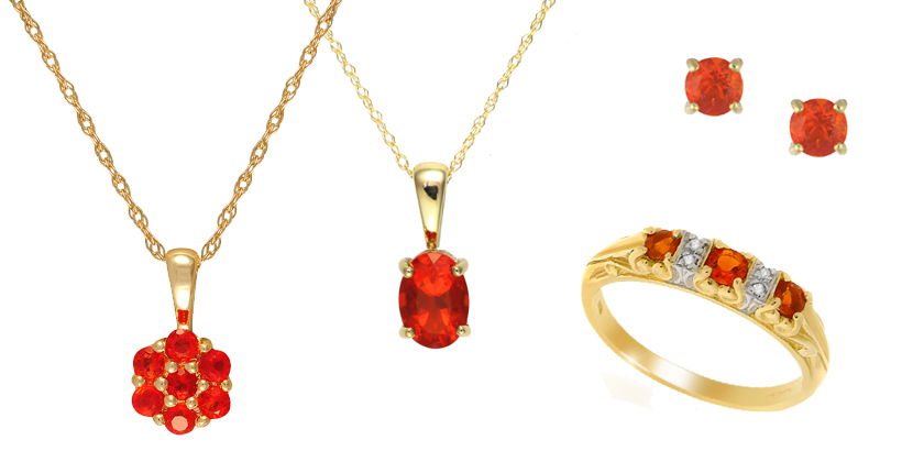 A selection of Ivy Gems Fire Opal jewellery set in 9ct Yellow Gold