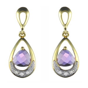 Ivy Gems 9ct Yellow Gold Pineapple Cut Amethyst and Diamond Drop Earrings 